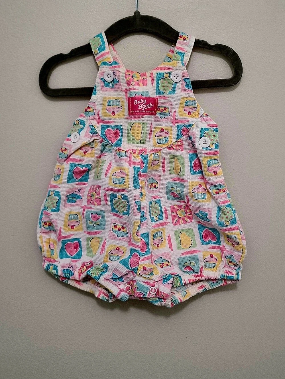 Vtg Oshkosh Baby B’Gosh Vestbak Overalls Bubble Romper Girls 3/6M Heart Flower